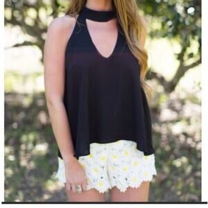Judith March medium black daisy romper lace embroidered floral halter cutout